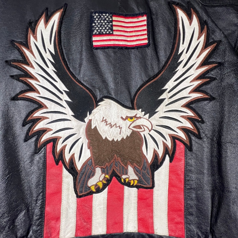 Leather Bomber Jacket Mens L Black USA Eagle Patriotic Biker Vintage Rocker - Picture 2 of 16
